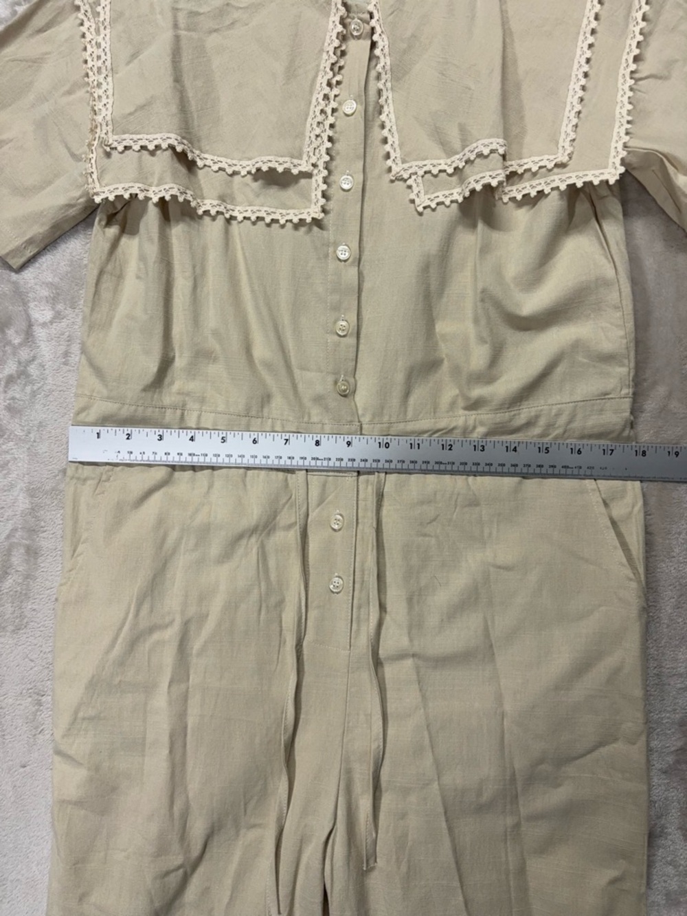 Cherrykoko Beige Lace Collar Jumpsuit Wide Leg Tie Waist Romper - Picture 7 of 14